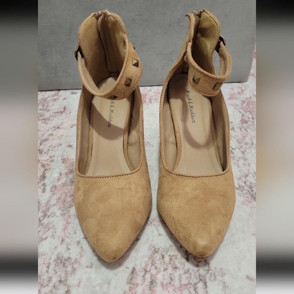 Mark & Maddux Tan Ankle Strap Pointed Short Heel Shoes